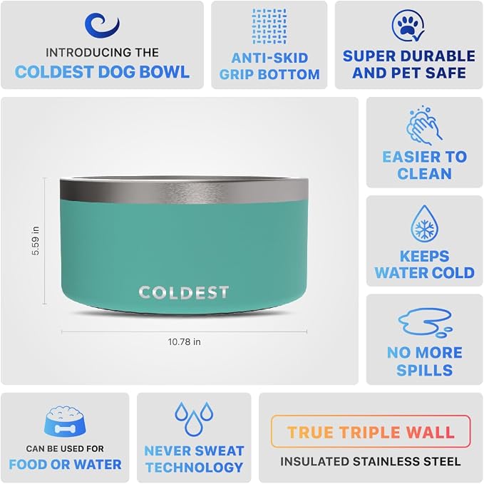 Coldest Dog Bowl - Anti Rust Metal, Non Slip, 3 Layers Insulated Stainless Steel Dog Bowls - Spill Proof & Heavy Duty - Water Bowl for Dogs, Cats & Pets, Dish Washer Safe (200 oz, Terraform Green) - Image 5