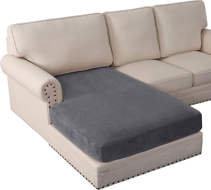 PrinceDeco Sectional Couch Covers Velvet Couch Cover for Dogs Washable L Shaped Couch Cover 1 Piece Individual Sectional Couch Covers with Elastic Bottom(Chaise Lounge,Grey) by PrinceDeco