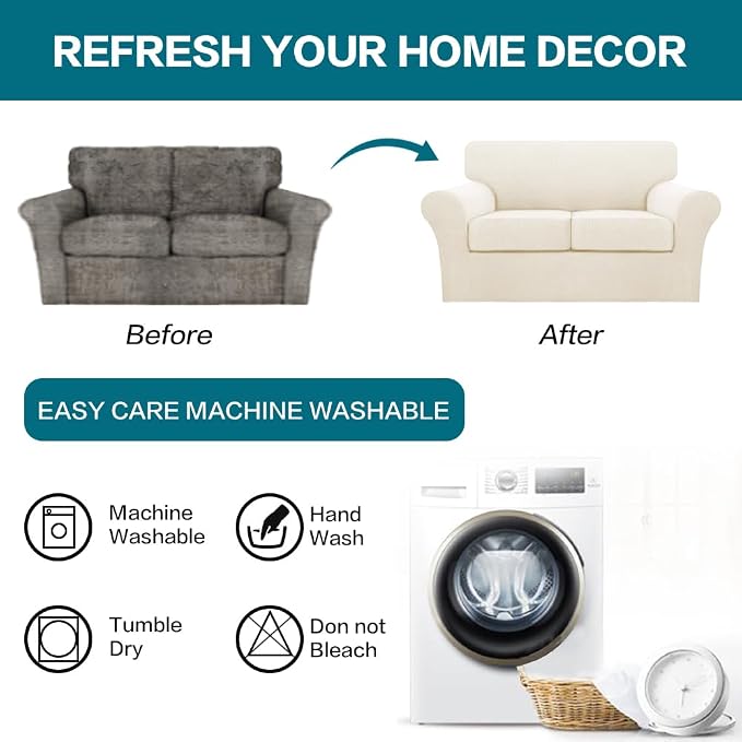 Turquoize 3 Piece Sofa Covers for 2 Cushion Couch Sofa Slipcover Soft Couch Cover for Dogs-Washable Furniture Cover with 2 Individual Covers, Feature Fabric (2 Cushion Sofa, Cream) - Image 7