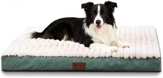 Orthopedic Dog Bed for Large Dogs, Firm Egg Crate Foam, Non-Slip Bottom | Machine Washable Cover, Plush Faux Rabbit Fur Top, Pet Beds for Crate, Floor & Car, Up to 50 lbs, Green, 35"L x 22"W x 3"H by VERABE