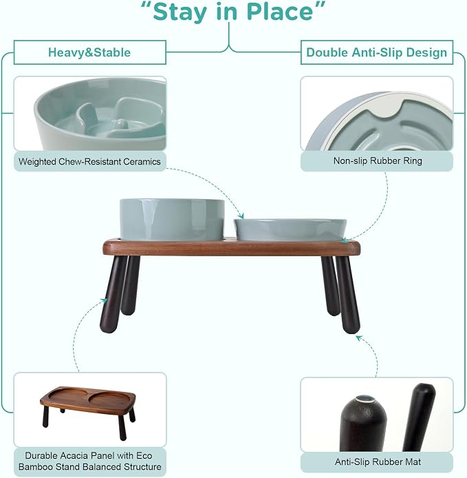 SPUNKYJUNKY Ceramic Elevated Dog Bowls with Slow Feeder Raised with Acacia Bamboo Wooden Stand, 6.1'' Dog and Cat Food Water Bowls Set Non-Slip for Small Medium Sized Breed - Light Green - Image 4