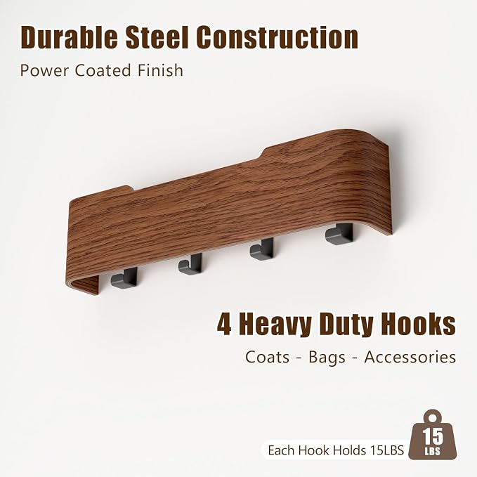 Coat Rack Wall Mount with Hidden Hooks, Wall Hooks with Shelf, Wall Key Holder Mount Wooden Shelf Entryway Hooks for Bedroom Bathroom for Hanging Coats Hats Bags Towels (Walnut, 4 Hooks) - Image 6