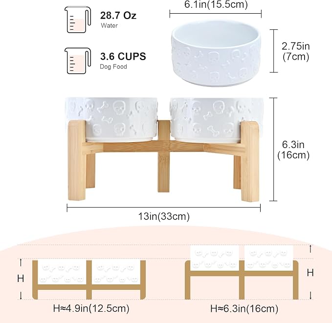 SPUNKYJUNKY Elevated Dog Bowls Ceramic, 6.1'' Dogs and Cat Food Water Bowls Raised with Non-Slip Bamboo Stand for Medium Sized Breed Microwave Dishwasher Safe - 28.7 OZ,Skull White - Image 2