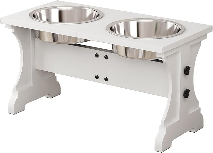 Piskyet Elevated Dog Bowls,Farmhouse Dog Bowls Stand, Raised Dog Bowl with 2 Stainless Steel Wooden Dog Bowls,7 Cups 11''H_55 oz Bowl-White, GWJ-01 by Piskyet