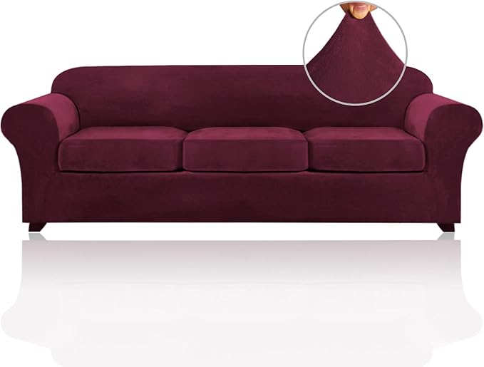 PrinceDeco Velvet XL Couch Cover for Oversized Sofa 4 Piece Sofa Covers for 3 Cushion Couch Washable Furniture Protector with Non Slip Elastic Bottom Width Up to 105 Inch(X-Large, Burgundy) by PrinceDeco