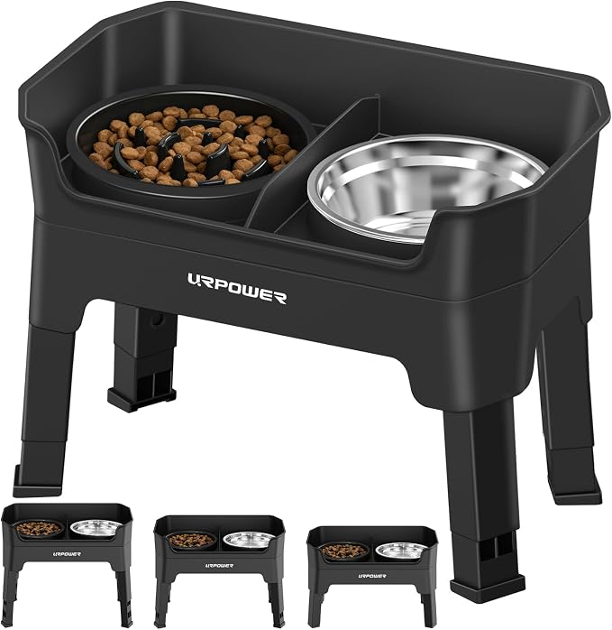 URPOWER 3-in-1 Elevated Dog Bowls with Slow Feeder & Licking Plate | 4 Height Adjustable Raised Stand with 2 Stainless Steel Food Bowls & Licking Plate for Small, Medium & Large Dogs by URPOWER