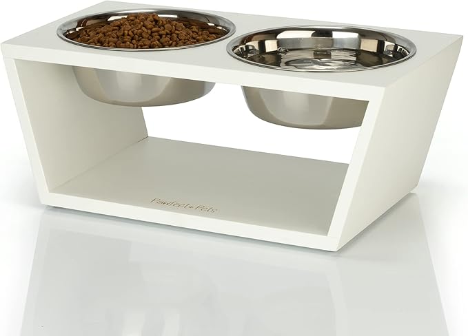 Pawfect Pets Elevated Dog Bowl Stand- 7" Raised Dog Bowl for Medium Dogs. Pet Feeder with Four Stainless Steel Bowls (White) by PawfectPets