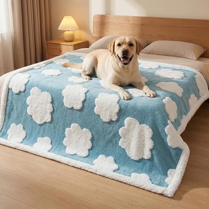 Blue Waterproof Pet Blanket,Dog Bed Covers Couch Sofa Stylish Jacquard Cute Pets Throw Blankets for Puppy Cats Washable Reversible Furniture Protection Covers (Blue Cloud,L) - Image 3