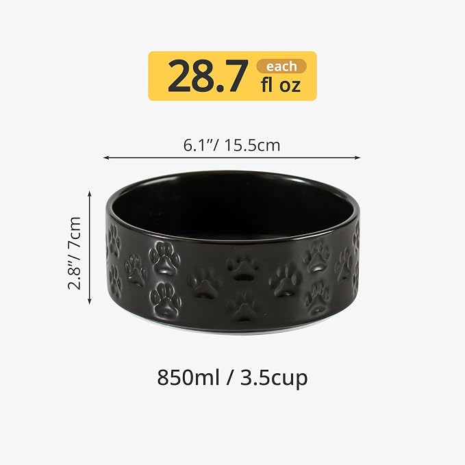 Ceramic Dog Bowl Set of 2 with Non-Slip Base, 6.1" W x 2.8" H | 3.5Cup Food and Water Bowls, Microwave Safe, Dishwasher Safe, Easy to Clean, for Small to Medium Dogs, Black - Image 2