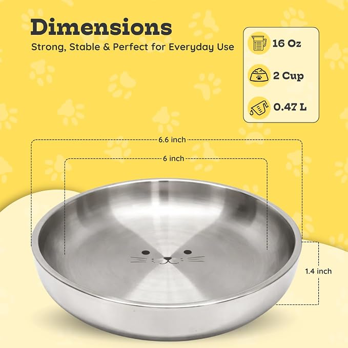 Stainless Steel Cat Food Bowl, 16 oz / 2 Cup Each, Heavy Duty Double Wall Insulated, Shallow Whisker-Friendly Design, Non-Slip Flat Base Dish for Cats & Kittens, D/W Safe (Pack of 2) - Image 2