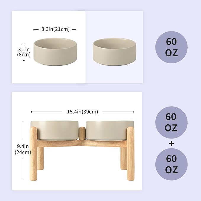SPUNKYJUNKY Ceramics Elevated Dog Bowls with Wooden Stand - Raised Dog Bowl for Medium Large Dogs - Double 60OZ Bowls, Grey - Image 2