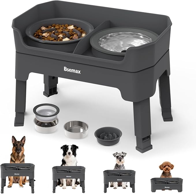4 in 1 Adjustable Elevated Dog Bowls with 2*Stainless Steel Bowls, Anti-Spill Water Bowl, 4 Heights Raised Dog Bowl Stand for Small to Medium & Growing Large Puppies, Anti-Slip, Mess Proof Design by Bsemax