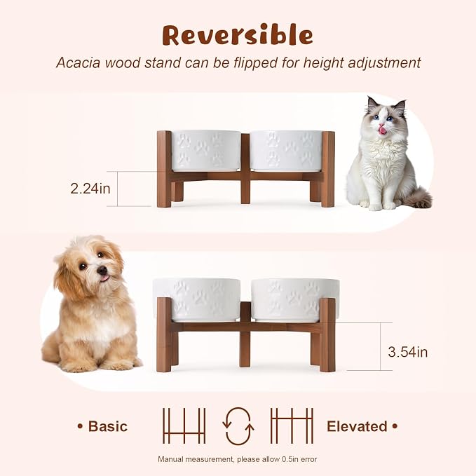 SPUNKYJUNKY Ceramic Elevated Dog Bowl Set with Acacia Wood Stand for Food and Water for Small Medium Sized Dogs (28.74 OZ, White, Dog Paw Pattern) - Image 3