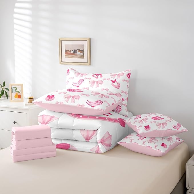 Erosebridal 7 Piece Western Cowgirl Comforter Set King Bed in a Bag,Pink Bowknot Bow Bedding Set for Girls Women,Rustic Farmhouse Quilt,Vintage Cowboy Hats Boots Duvet Set,Funky Disco Ball Sheet Set - Image 6