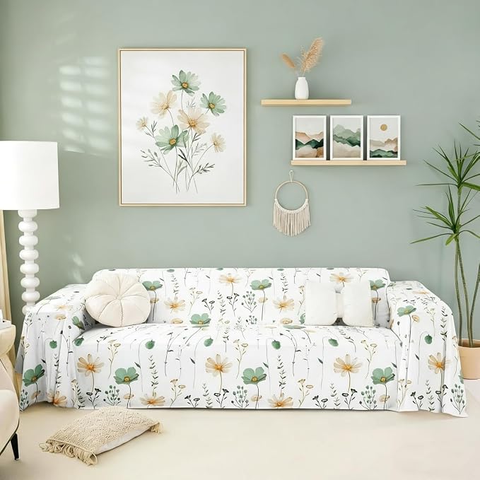Erosebridal Watercolor Floral Sofa Cover Sage Green Beige Flower Couch Cover Modern Minimalist White Sofa Protector 71" X 150" Rustic Farmhouse Washable Non Slip Couch Protector for Pet Cats Kids by Erosebridal