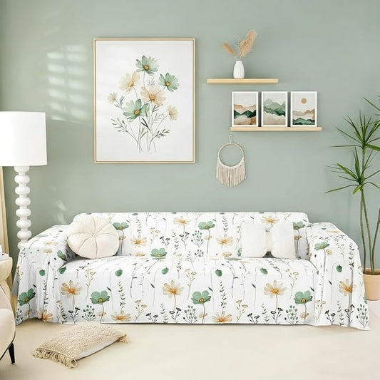 Erosebridal Watercolor Floral Sofa Cover Sage Green Beige Flower Couch Cover Modern Minimalist White Sofa Protector 71" X 118" Rustic Farmhouse Washable Non Slip Couch Protector for Pet Cats Kids by Erosebridal