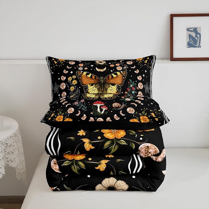 Manfei Bohemia Mushroom Comforter Set King Size,Exotic Botanical Floral Bedding Set for Kids Girls Boys Room Decor,Starry Sky Galaxy Soft Duvet Insert for All Season,2 Pillowcase,Black Brown - Image 7