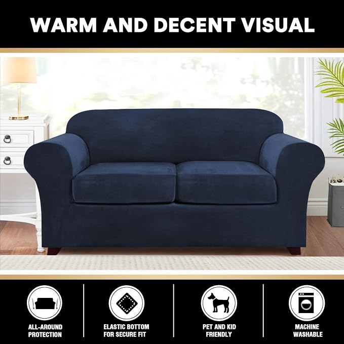 PrinceDeco Couch Cover Velvet Plush Sofa Covers for 2 Cushion Couch Width Up to 90 Inch Washable Furniture Protector Pet Friendly No Slip Sofa Slipcover(Medium-Large, Navy) - Image 6