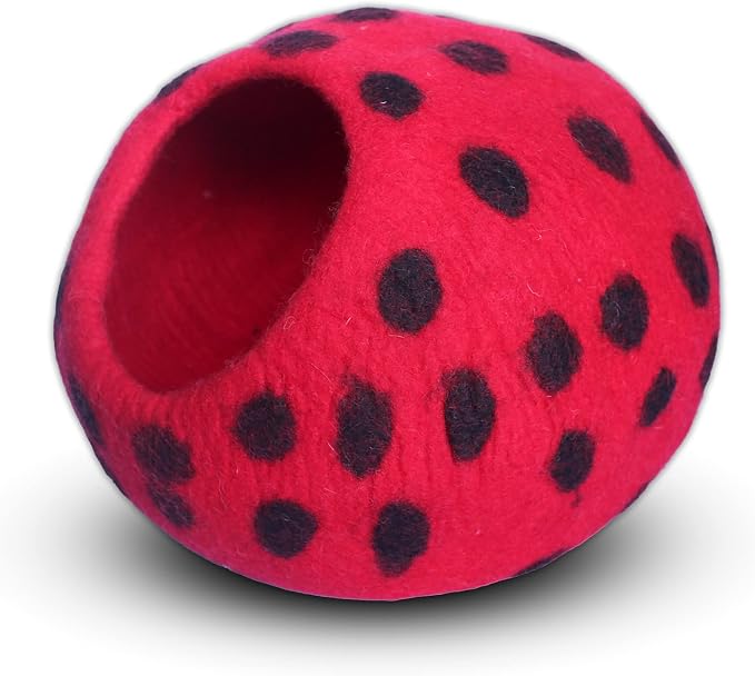 Woolygon Premium Felt Cat Cave Bed – Wool Kitty Beds Handcrafted Kitten Caves Bed for Indoor Cats - Made from Merino Wool, Foldable Cat Hideaway Covered Cat House Pod (Red Polka) - Image 7