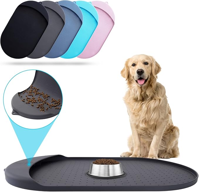 Silicone Pet Feeding Mat - 32' x 19' with Residue Collection Pocket - Waterproof Cat & Dog Bowl Mat, High Edges - Gray by ORA+SHOP