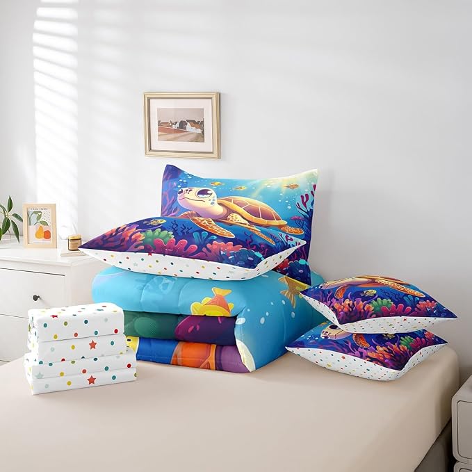 Erosebridal Turtle King Size Comforter Set with Sheets, Marine Life Bed in A Bag for Kids Teens Youth Adults Bedroom, Underwater World Sea Animal 7 Pcs Bedding Set, Colourful Coral Bed Sets - Image 5