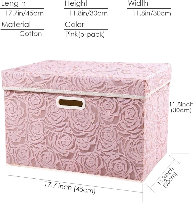 PRANDOM Large Foldable Storage Boxes with Lids [5-Pack] Fabric Decorative Storage Bin Cubes Organizer Containers Baskets with Cover Handles for Bedroom Closet Nursery Pink 17.7x11.8x11.8 Inch - Image 6