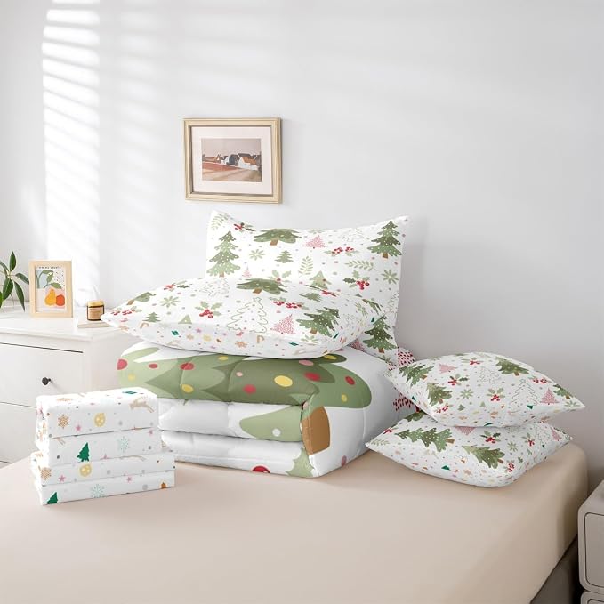 Erosebridal Kids Cartoon Christmas Bed in A Bag 7 Pcs Kawaii Christmas Tree Comforter Set for Kids Boys Girls Cute Xmas Pine Tree Bedding Sets Full Red Berry Botanical Xmas Sheet Set with Comforter - Image 6