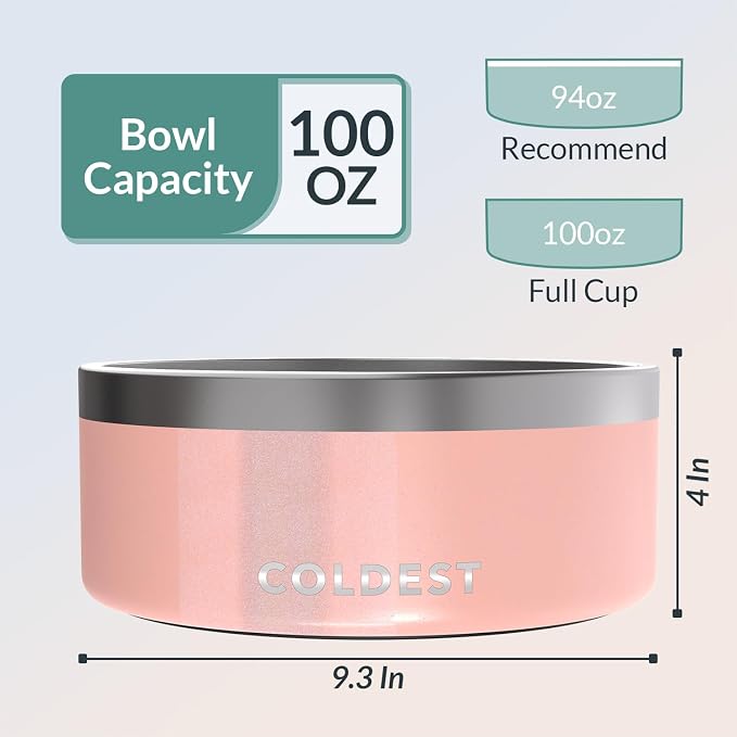 Coldest Dog Bowl - Anti Rust Metal, Non Slip, 3 Layers Insulated Stainless Steel Dog Bowls - Spill Proof & Heavy Duty - Water Bowl for Dogs, Cats, Dish Washer Safe (100 oz, Forever Pink Glitter) - Image 4