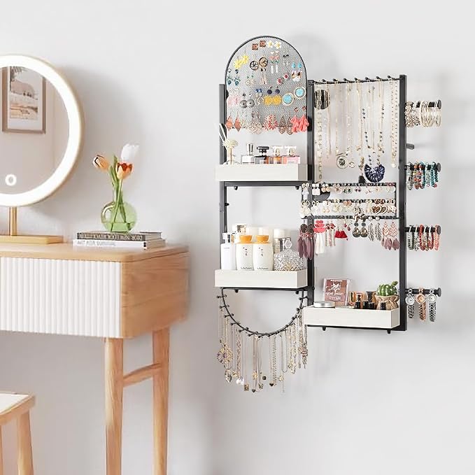 Keebofly Wall Mount Hanging Jewelry Organizer - Large Display Holder for Earrings, Rings, Necklaces, Bracelets, Watches and Perfume - White - Image 6