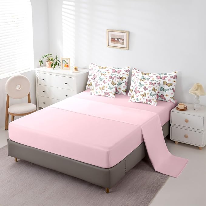 Feelyou Cute Butterfly 7 Piece Bedding Set Kawaii Flower Comforter Set with Sheets for Kids Boys Girls Pink Blue Yellow Bed in a Bag Nutrue Theme Bed Set Soft Lightweight - Image 4