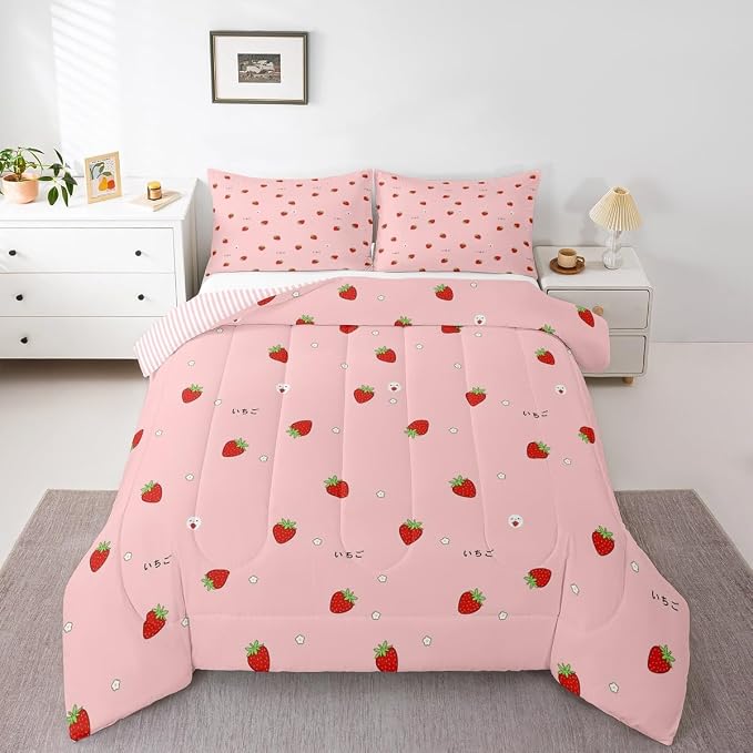 Girls Strawberry Comforter Set Twin Kawaii Strawberry Comforter For Kids Japanese Style Pink Cute Cartoon Fruit Food Theme Bedding Set Girly White Floral Down Comforter Reversible Soft Lightweight - Image 2
