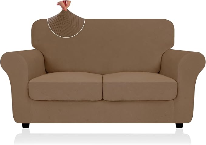 ZNSAYOTX 3 Piece Stretch Loveseat Covers (55"-69"), Thick Striped Sofa Covers for 2 Cushion Couch with Elastic Band Bottom Ties Non-Slip Stay in Place, Soft Durable Love Seat Slipcovers, Light Coffee by ZNSAYOTX