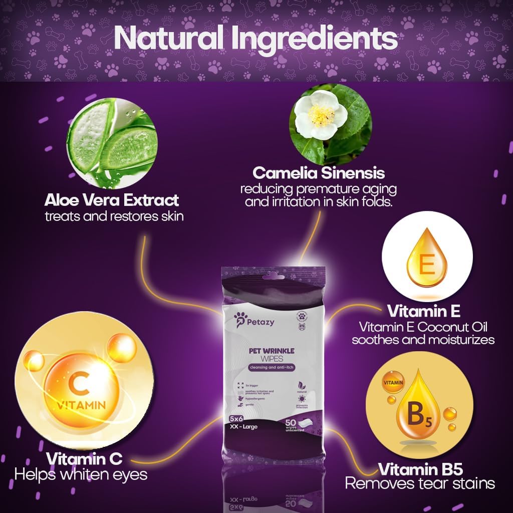 Wrinkle Wipes for Dogs | 3X Larger Dog Face Wipes for French Bulldog and Pug - Cleanse Skin Folds, Tear Stains, Tail Pockets | Anti-Itch, Soothing, & Hypoallergenic with Coconut Oil | 50 Count