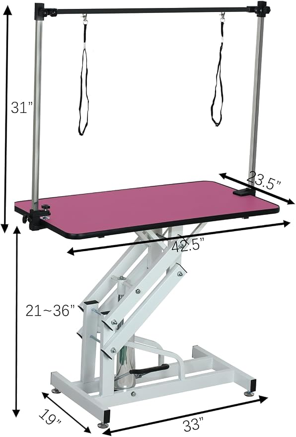 Hydraulic Dog Pet Grooming Table, 42 Inch Heavy Duty Professional Pet Grooming Station 21'' -36'' Height Adjustable for Large Dog at Home with Adjustable Overhead Arm, Clamp and Grooming Noose, Pink - Image 2