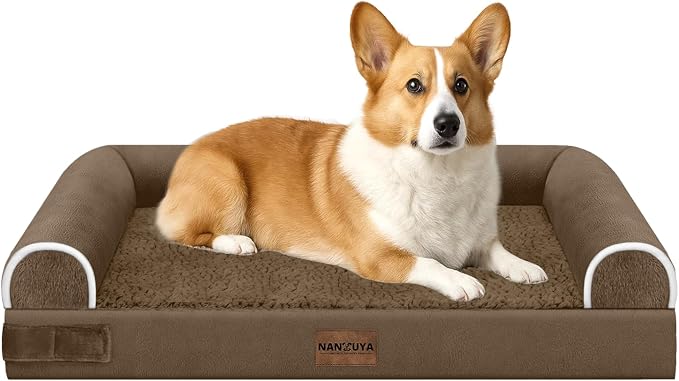 NANUYA Orthopedic Dog Bed for Medium Dogs, 30 x 20 Inch, Dark Coffee | Egg crate foam for joint support, 3-sided bolster pet sofa, waterproof lining, washable cover, and non-skid base by Nanuya