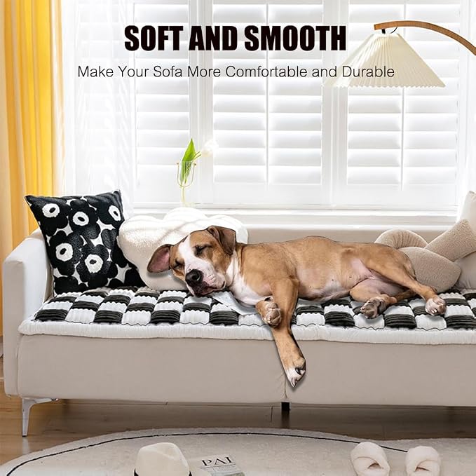 Fuzzy Chic Cotton Protective Couch Cover, Machine Washable & Non-Slip Mat Bed, Cream-Coloured Plaid Pet Mat for Cats & Dogs (Black, 27.6 * 82.7in) - Image 3