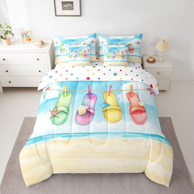 Erosebridal Summer Beach 7 Pieces Bedding Set Twin, Colorful Flip-Flop Bed in A Bag, Summer Seaside Hawaii Comforter Set with Sheets, Watercolor Sea Waves Bed Sets for Kids Boys Girls Teens Adults by Erosebridal