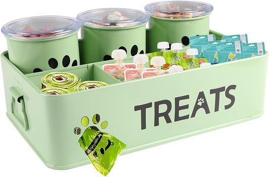 28oz Metal Dog Treat Container Set of 3,Dog Treat Jars with Airtight Lids,Cat Treat Jar,Dog Treat Canister for Countertop,Coated Galvanized Steel Dog Treats Station-Green by Brabtod
