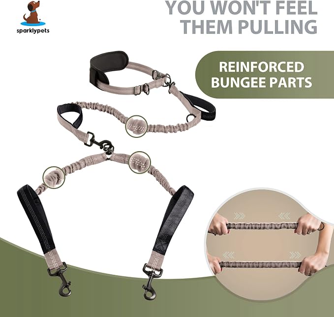 SparklyPets Hands Free Double Dog Leash – Dual Leash for Medium and Large Breeds – Lead for 2 Dogs with Padded Handles, Reflective Stitches, No Pull, Tangle Free (Brown) - Image 3