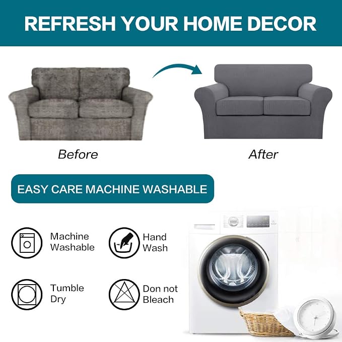 Turquoize 3 Piece Sofa Covers for 2 Cushion Couch Sofa Slipcover Soft Couch Cover for Dogs-Washable Sofa Furniture Covers with 2 Individual Cushion Covers, Thick Jacquard Fabric (Loveseat, Gray) - Image 7