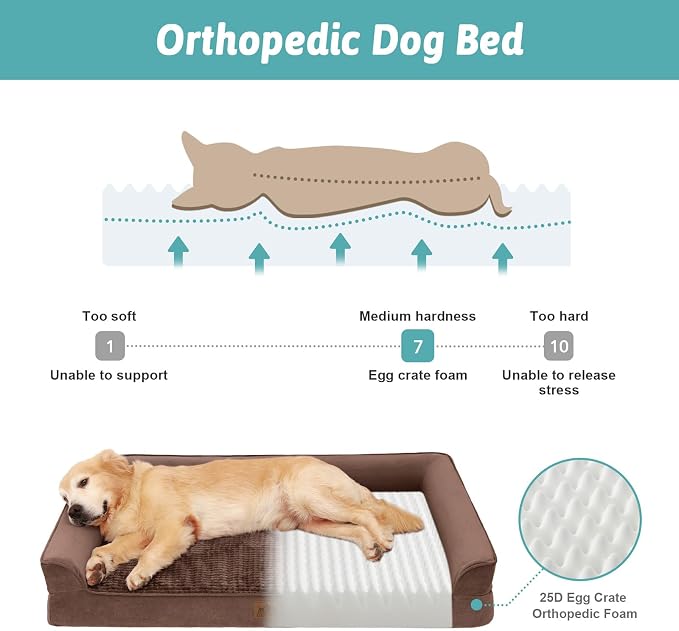 COZY KISS Orthopedic Dog Beds for Large Sized Dog, XL Bolster Pet Couch with Waterproof Lining, Egg Crate Foam Sofa for Pets Up to 100 lbs, U-Shaped, 44x32x7 inch, Brown - Image 3
