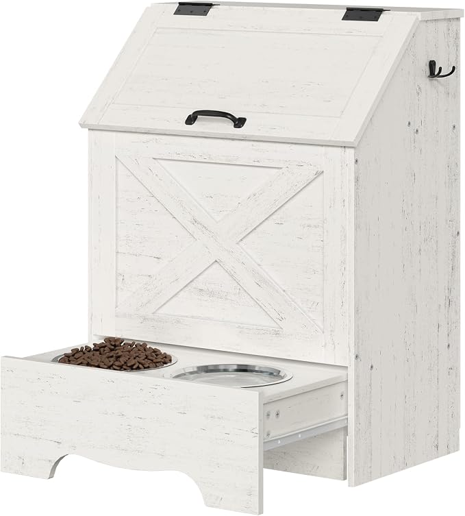 HOOBRO Dog Feeding Station with Sliding Drawer and 2 Hidden Bowls, Pet Feeding Station with Flip-Up Door, Dog Food Storage Cabinet with 2 Hooks for Living Room and Bedroom, Cloud White WT03PO03 - Image 9