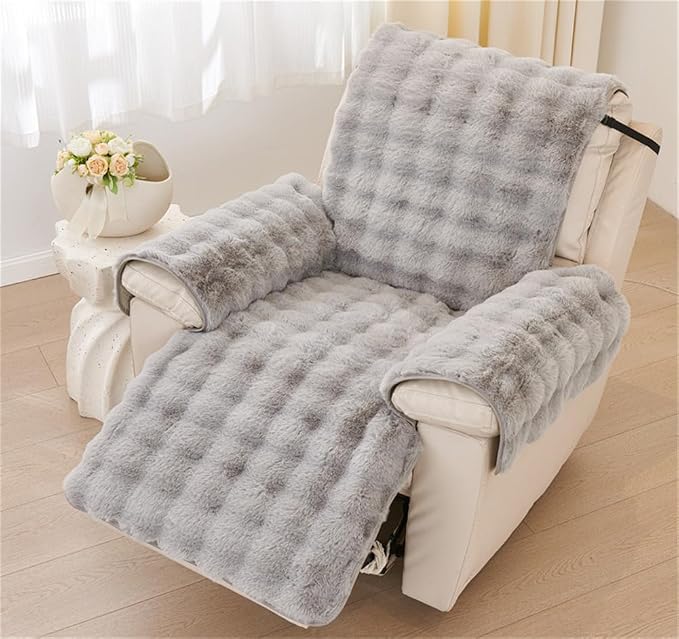 Plush Recliner Slipcover Home Faux Fur Fluffy Recliner Chair Slipcover Non Slip Back Fuzzy Fluffy Reclining Couch Cover Soft Comfort Sofa Slipcover Washable Furniture Protector (Light Gray) - Image 3