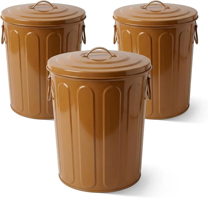 Plexon 5 Gallon Small Metal Trash Can with Lid Outdoor Galvanized Steel Bucket with Lid 5 Gal Storage Can for Dog Food Bird Seed Storage Container, Brown 3 Pack by Plexon