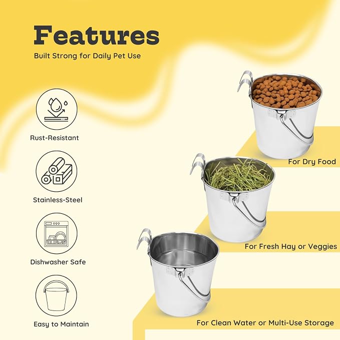 1 Quart Stainless Steel Flat Sided Bucket with Dual Hooks | 2 Pcs Durable Food & Water Bowl for Dog Cats Bird & Small Animals | Fits kennel Cage Crates Hanging Pet Pail | Multipurpose use - Image 3