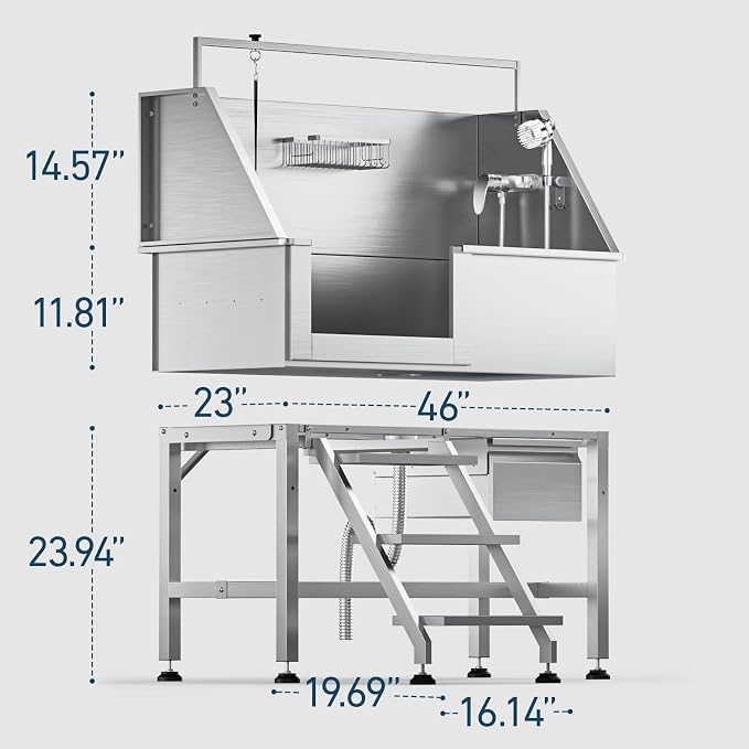Professional Dog Washing Station, 46 Inch 304 Stainless Steel Pet Grooming Tub with Side-Mounted Faucet, Telescopic Ramp & Storage Drawer for Large & Senior Dogs, Outdoor Raised Sink (46" Left Step) - Image 6