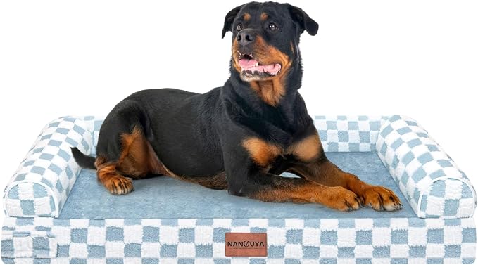NANUYA Orthopedic Dog Bed for XX-Large Dogs, 44 x 34 Inch, Blue Grid | Egg crate foam for joint support, 3-sided bolster pet sofa, waterproof lining, washable cover, and non-skid base by Nanuya