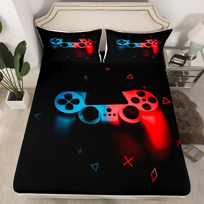 Gaming Bedding Sets for Boys Gamer Sheet Set Twin,Blue Red Gamepad Bed Sheet Sets Kid Men Video Games Fitted Sheet for Teen Child Game Room Decor Black Classic Retro Gaming Flat Sheet with Pillowcase - Image 5