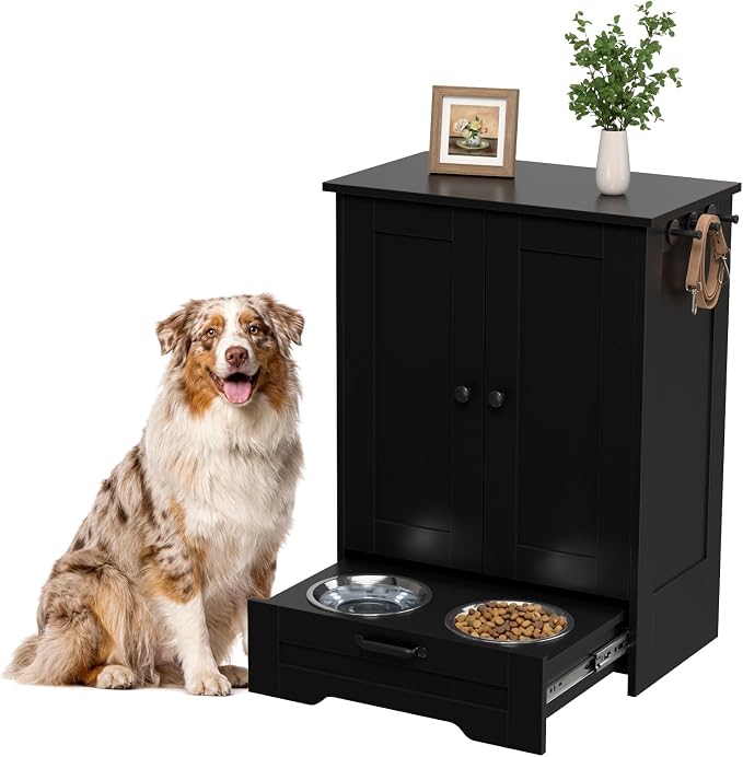 Dog Feeding Station with Storage Cabinet, Black Wood Dog Cabinet with 2 Elevated Stainless Steel Bowls, Hidden Pull-Out Feeder Drawer, Pet Feeding Station for Kitchen and Living Room by Unknown