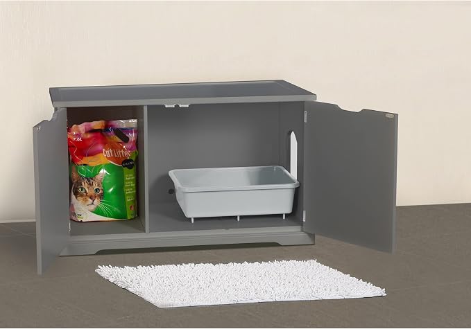 Merry Products Adjustable Pet Cat Washroom Storage Bench Furniture with Removable Partition Wall for All Size Litter Boxes, Gray - Image 5